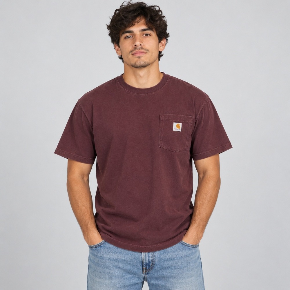 Carhartt T-Shirt Mens Medium Burgundy K87 PRT Original Fit Pocket Workwear Tee